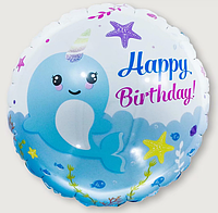 Фольгированный шар круглый Нарвал голубой с надписью  Happy birthday диаметр 45 см