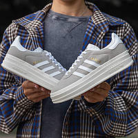Женские кроссовки Adidas Gazelle Platform Grey White (серые с белым) стильные осенние кеды на платформе I1474