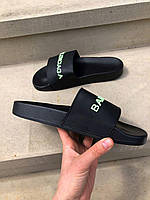 Женские шлепанцы Balenciaga Slides Big Logo Black (чёрные с салатовым) модные комфортные летние шлепки 0383v