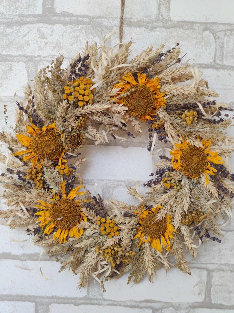 Вінок з натуральних сухоцвітів , вінок оберег на двері з соняхами, фото 1