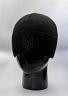 Шапка в'язана тактична з вишивкою Герб України чорна