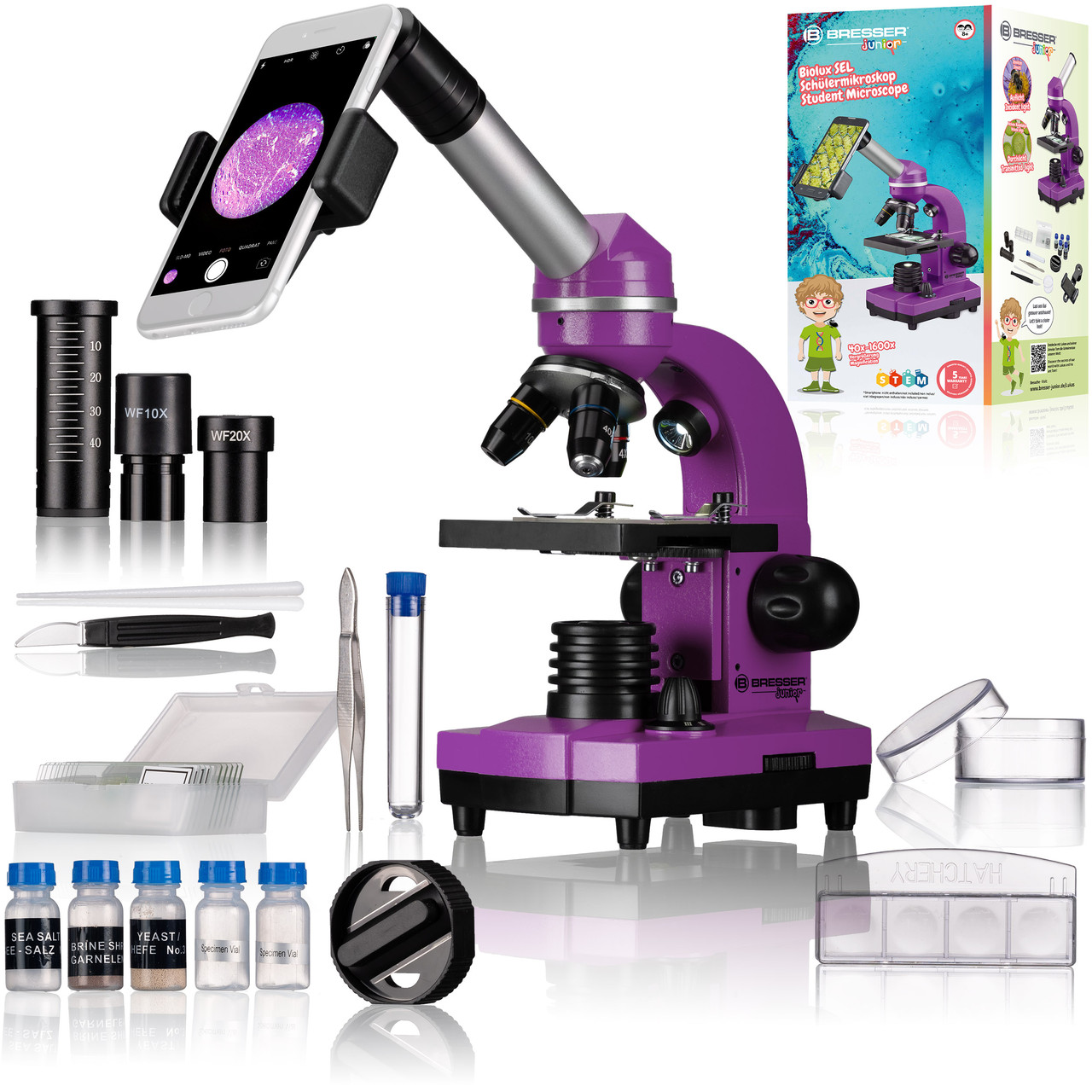 Навчальний мікроскоп з адаптером для смартфону Bresser Junior Biolux SEL 40x-1600x (Purple)
