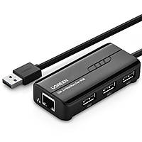 Мережевий адаптер Ugreen usb hub USB 2.0 — 3xUSB 2.0 + RJ45 Ethernet 100Mbps Black (20264)