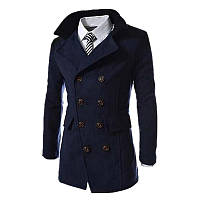 Двубортное тонкое мужское пальто с длинным рукавом, Пальто весна осень мужское темно синий, L
