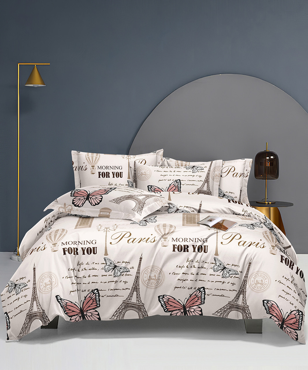 Простирадло 150х220 (Ранфорс) | Полуторне простирадло від виробника "Королева Ночі" | Париж, Ейфелева вежа, метелики на бежевому, фото 1