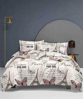 Простирадло 150х220 (Ранфорс) | Полуторне простирадло від виробника "Королева Ночі" | Париж, Ейфелева вежа, метелики на бежевому