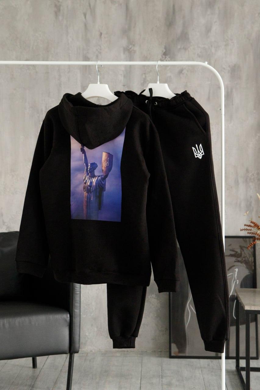 Спортивний костюм зимовий чоловічий на флісі теплий батьківщина мати чорний комплект зима кофта штани з тризубом, фото 1