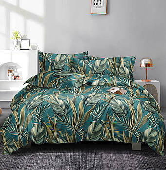 Простирадло 150х220 (Ранфорс) | Полуторне простирадло від виробника "Королева Ночі" | Листя на бірюзовому