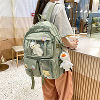 Рюкзак городской спортивный корейский со значками и игрушкой-брелоком утка-гусь мишка тедди беар в комплекте
