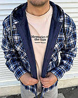 Стильная мужская рубашка синяя шерстяная с капюшоном, повседневная теплая мужская рубашка на флисе в клетку