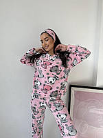 Пижама женская с брюками теплая и мягкая флис розовая с принтом 42-44, 46-48 | Пижама флисовая женская