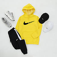 Спортивный костюм зимний Nike мужской желтый на флисе| комплект теплый с начесом | Худи + Брюки + Кепка