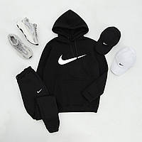 Спортивный костюм зимний Nike мужской черный на флисе| комплект теплый с начесом | Худи + Брюки + Кепка