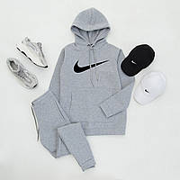 Спортивный костюм зимний Nike мужской серый на флисе| комплект теплый с начесом | Худи + Брюки + Кепка