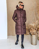 Жіноча довга куртка зимова коричневий з капюшоном плащівка S, M, L | Жіночі зимові куртки довгі