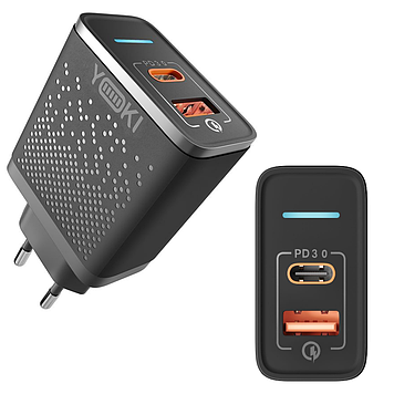 Швидкий зарядний пристрій мережевий для телефону швидка зарядка айфон андроїд Type-C і USB 33W Yoki