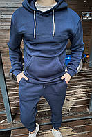 Теплий молодіжний спортивний костюм oversize трьох нитка на флісі темно-синій - S, M