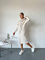 Тёплое платье-худи с капюшоном на флисе с карманами бежевый XS-S M-L XL