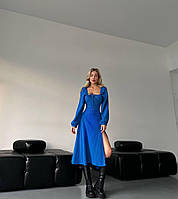 Женское классическое приталенное платье длинный рукав пышный низ со шнуровкой на спине горчица, белый и синий