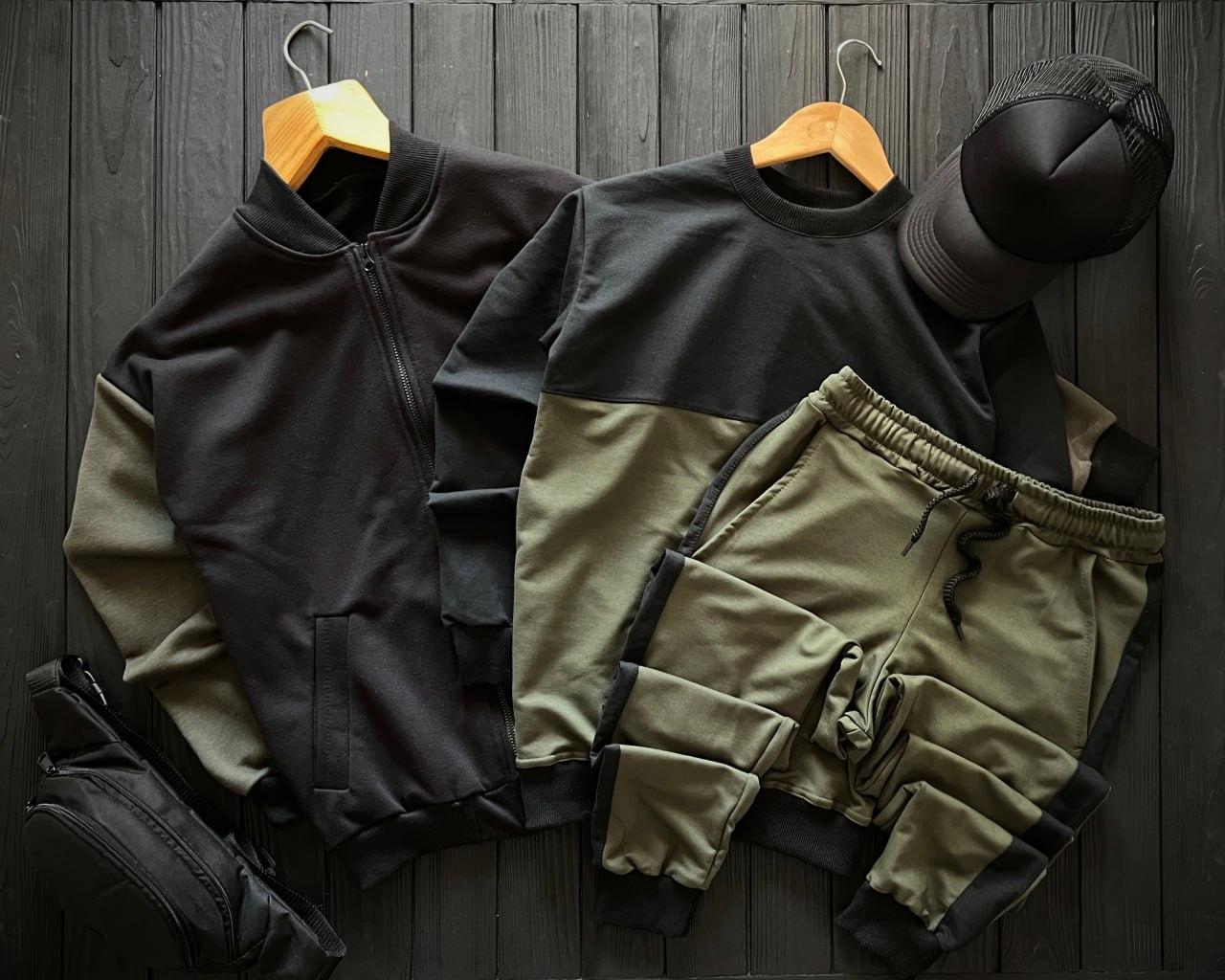 Чоловічий спортивний костюм бомбер бананка basil чорний-хакі комплект трикотажний осінній весняний, фото 1