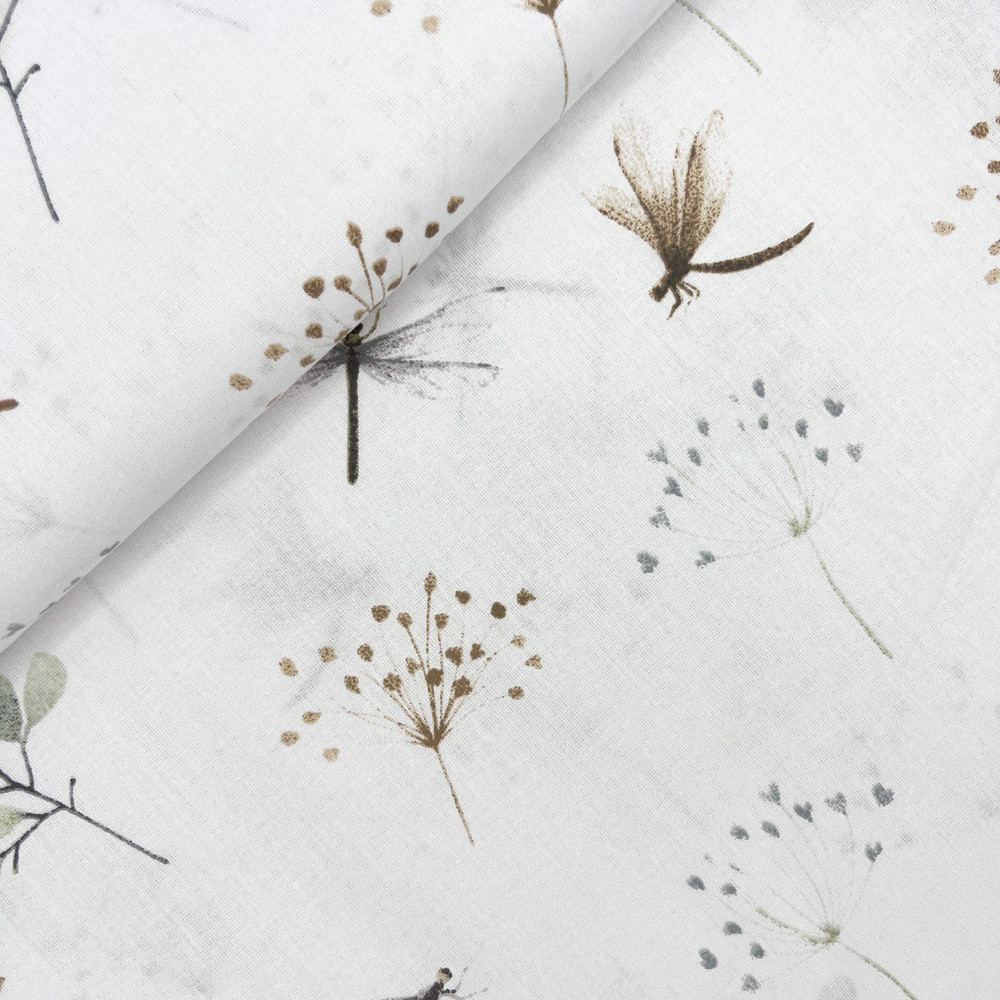 Польська бязь "Стрикози бежеві, зелені з гілками", фото 1