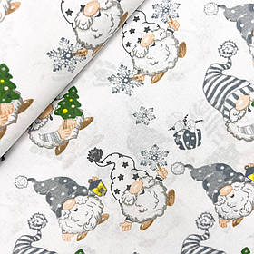 Польська бавовняна тканина "Новорічні гноми в сірих ковпаках, з ялинкою" 160 см