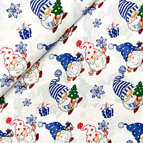 Польська бавовняна тканина "Новорічні гноми в синіх і червоних ковпаках, з ялинкою" 160 см