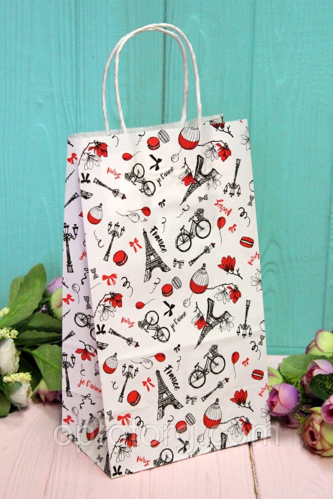 Паперові крафт пакети з ручками 26*15*9 см Париж, фото 1
