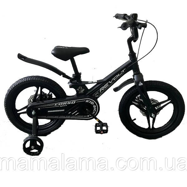 Велосипед для дитини 5-7 років, 16 дюймів, чорний (дод. колеса, магнієвий, дискові гальма) CORSO MG-16301