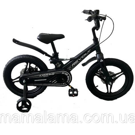 Велосипед для дитини 5-7 років, 16 дюймів, чорний (дод. колеса, магнієвий, дискові гальма) CORSO MG-16301, фото 2