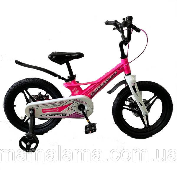 Велосипед для дівчинки на зріст 100-130 см, 16 дюймів, Рожевий (дод. колеса, магнієвий, дискові гальма) CORSO MG-16504