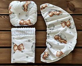 Комплект у дитячу коляску 3в1 непромокальний наматрацник 40×80 см, ортопедична подушка, плед BST Сіро-білий Білий із сірим