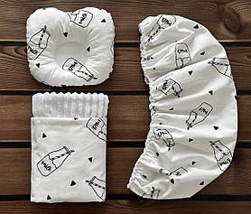 Комплект в дитячу коляску 3 в 1 непромокаючий наматрацник 40×80 см, ортопедична подушка, плед BST Білий з чорним