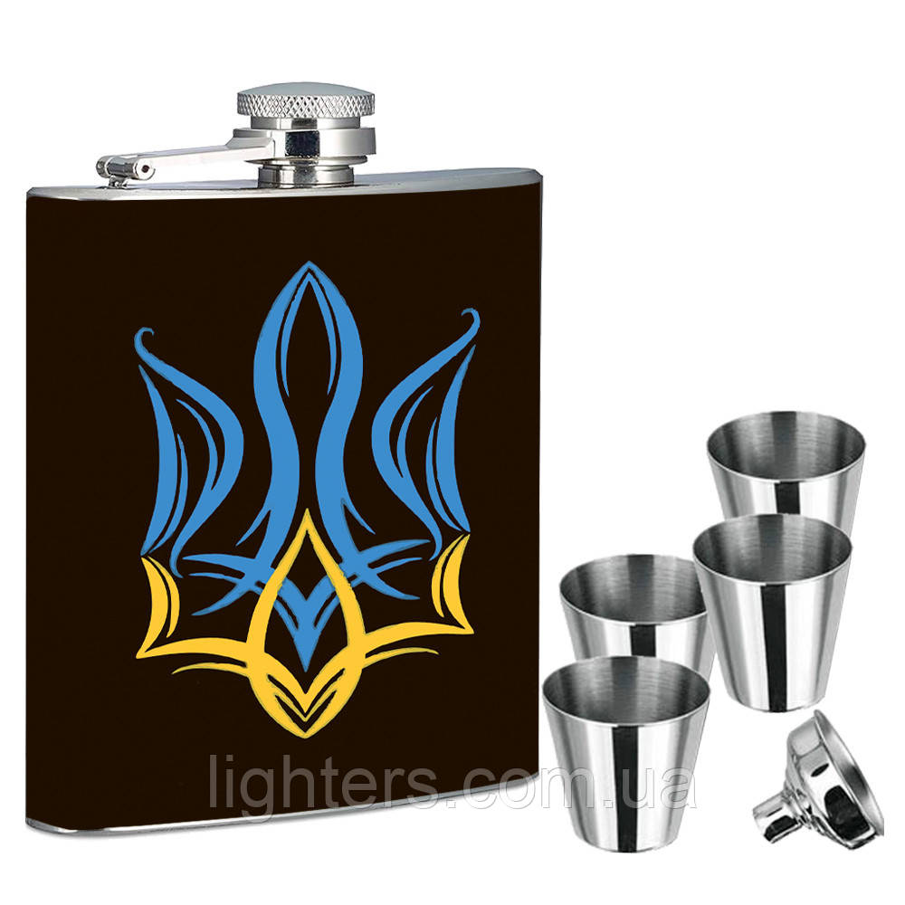 Фляга прапор України + чотири стаканчики + лійка 7 oz у подарунковому наборі LB-015U1, фото 1