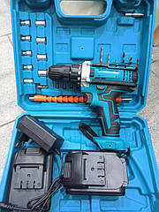 Акумуляторний шурупокрут  (21V, 2.0Ah) з набором інструментів у кейсi та двома акумуляторами.