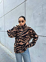 Модный батник свитер женский теплый и мягкий черный Тедди S, M, L, XL | Женский батник на меху Мокко с принтом зебра, 44