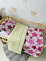 Теплый комплект в детскую кроватку с овчиной для новорожденных 2 предмета (одеяло, подушка) BST Белый с малиновым