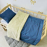 Теплый комплект в детскую кроватку с овчиной для новорожденных 2 предмета (одеяло, подушка) BST Синий с голубым