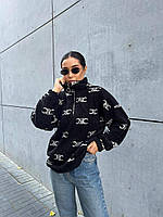Модный батник свитер женский на меху теплый и мягкий синий Тедди S, M, L, XL Черный с принтом, 44