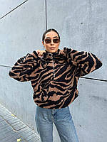 Модный батник свитер женский на меху теплый и мягкий синий Тедди S, M, L, XL Мокко с принтом зебра, 42