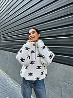 Модный батник свитер женский на меху теплый и мягкий синий Тедди S, M, L, XL 46, Белый с принтом