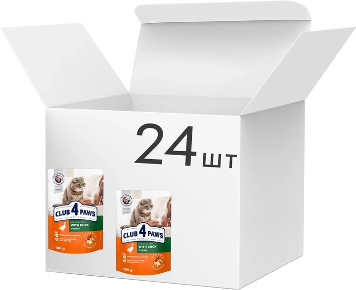БЛОК 24шт Клуб 4 Лапи вологий корм з качкою в соусі для кішок 0,1 кг (Club 4 Paws Premium With Duck)