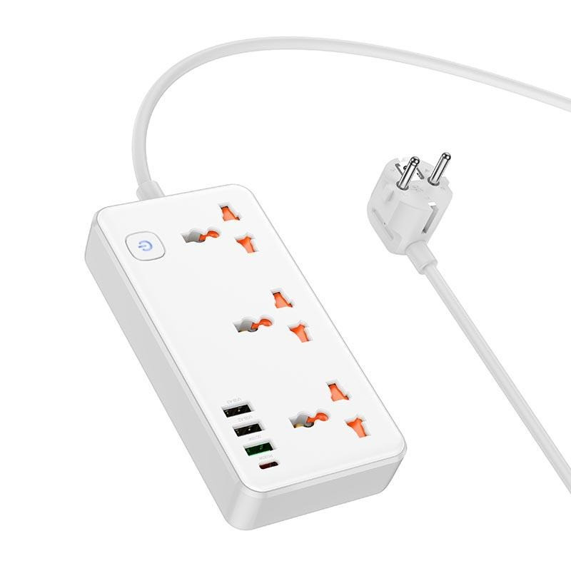 Подовжувач мережевий з USB HOCO AC8A Type-C QC 3 розетки 1.5 м White, фото 1