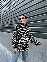 Модный батник свитер женский на меху теплый и мягкий синий Тедди S, M, L, XL Черный с принтом зебра, 48