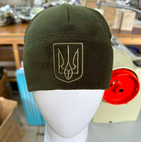 Військова флісова шапка з Гербом олива військова тактична шапка зимова на флісі оливкова шапка з Тризубом
