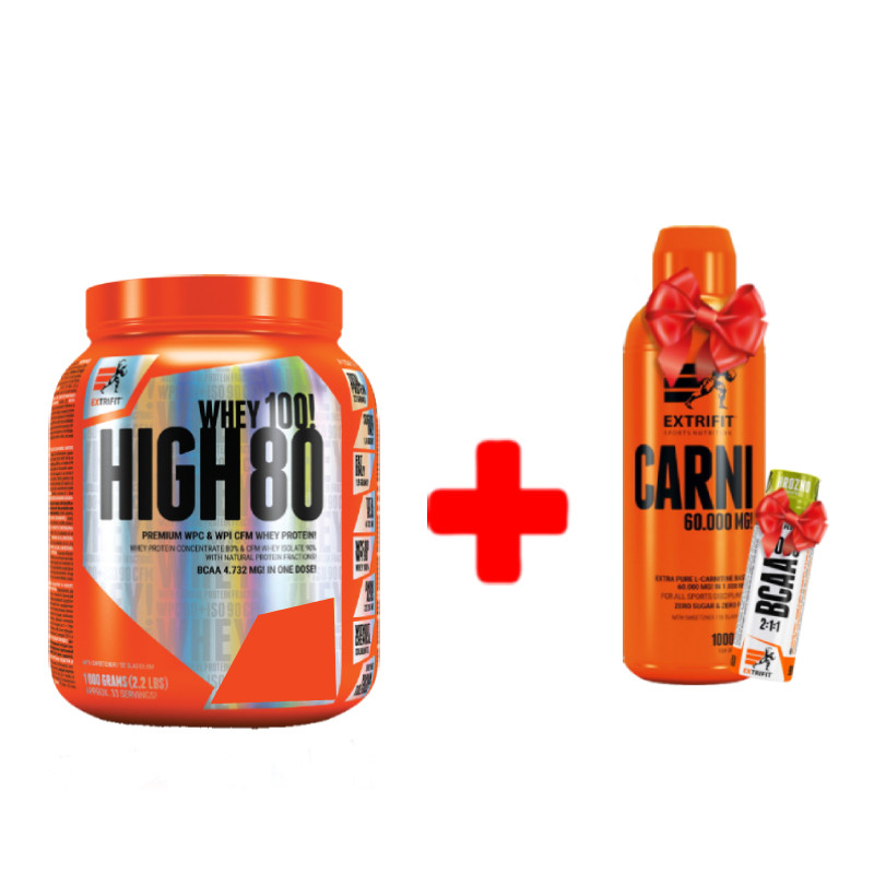 Протеїн + карнітин + амінокислоти у подарунок Extrifit High Whey 80 1000 g (Vanilla) + Carni 60000 mg Liquid 1000 ml + Shot Bcaa