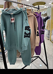 Теплий м'ятний спортивний костюм на флісі для дівчинки хкді та штани на манжеті в бірюзовому кольорі на зріст 164