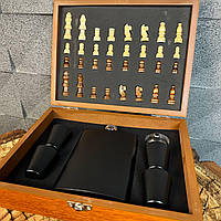 Подарочный набор матовая черная фляга для алкоголя 4 рюмки шахматы в деревянной коробке