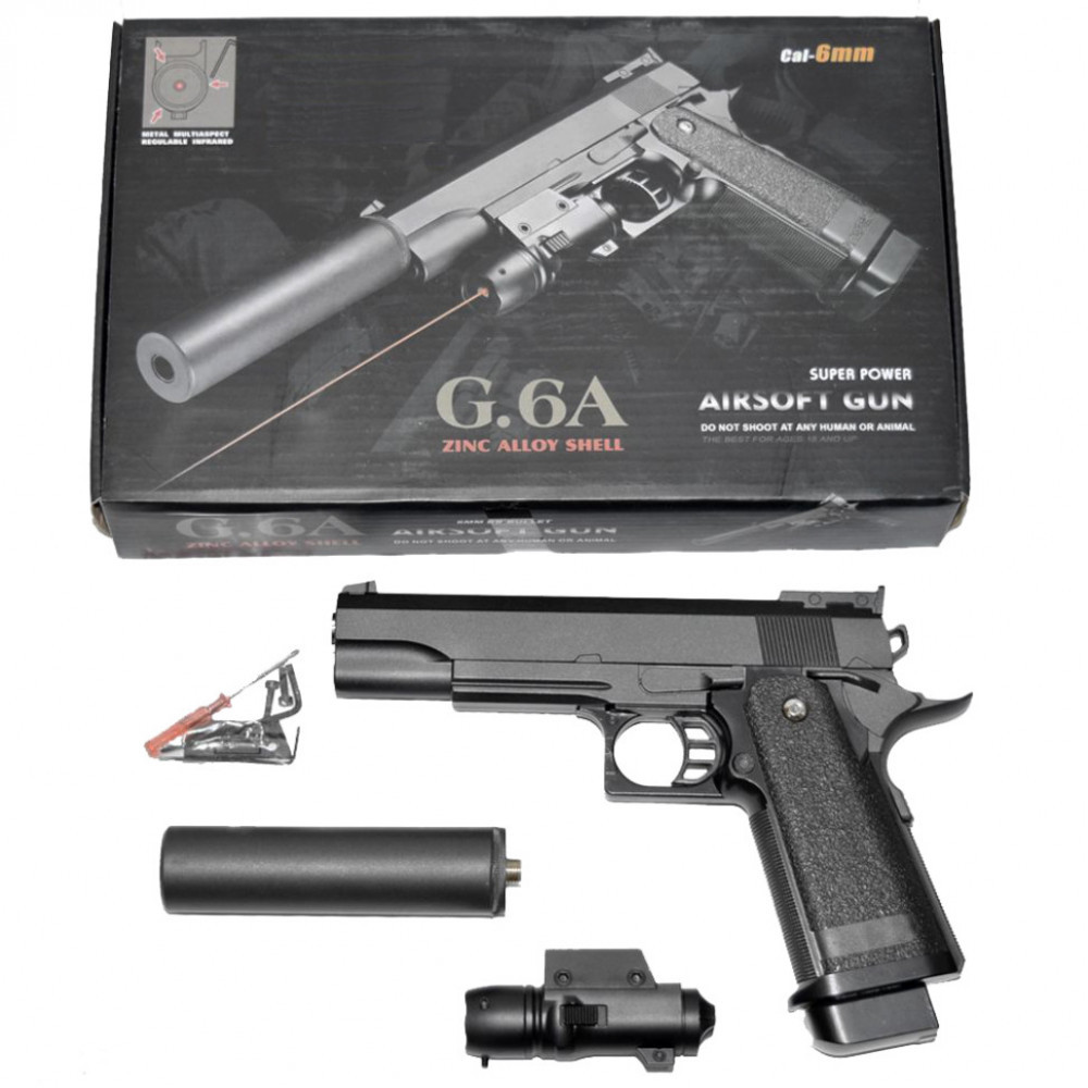 Страйкбольний пістолет Galaxy Colt M1911 Hi-Capa з глушником і прицілом метал чорний