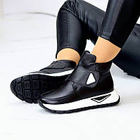 Шкіряні спортивні черевики зимові на липучці молодіжні чорні натуральна шкіра